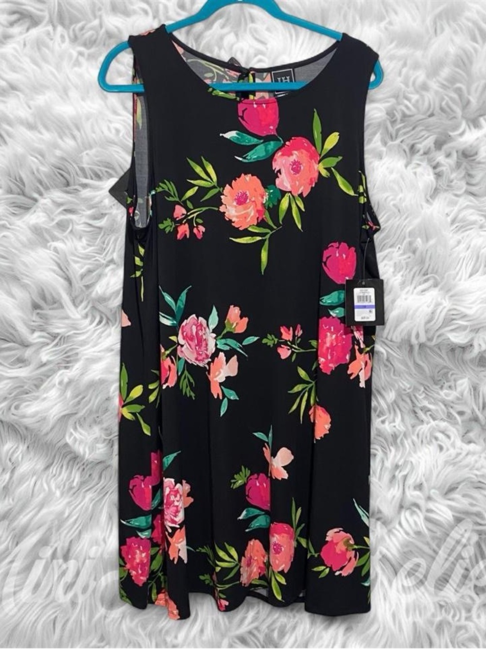 Sleeveless Black Floral Midi Dress with Pink Bloom Print